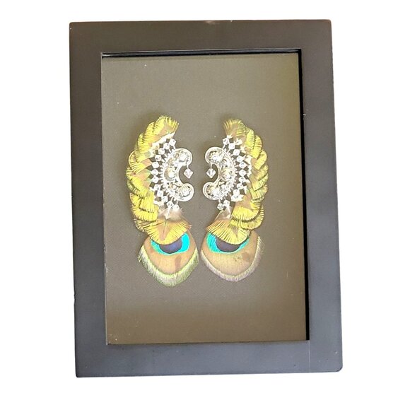 Vintage ASHLOCK Peacock Feather Earrings Art Framed Wall Decor Shadow Box - Picture 3 of 10